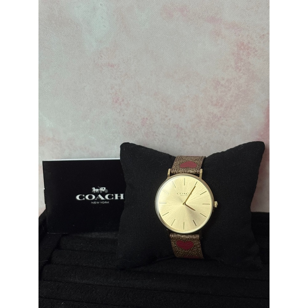 Coach Perry Leather Strap Steel Gold Dial Quartz Ladies Watch